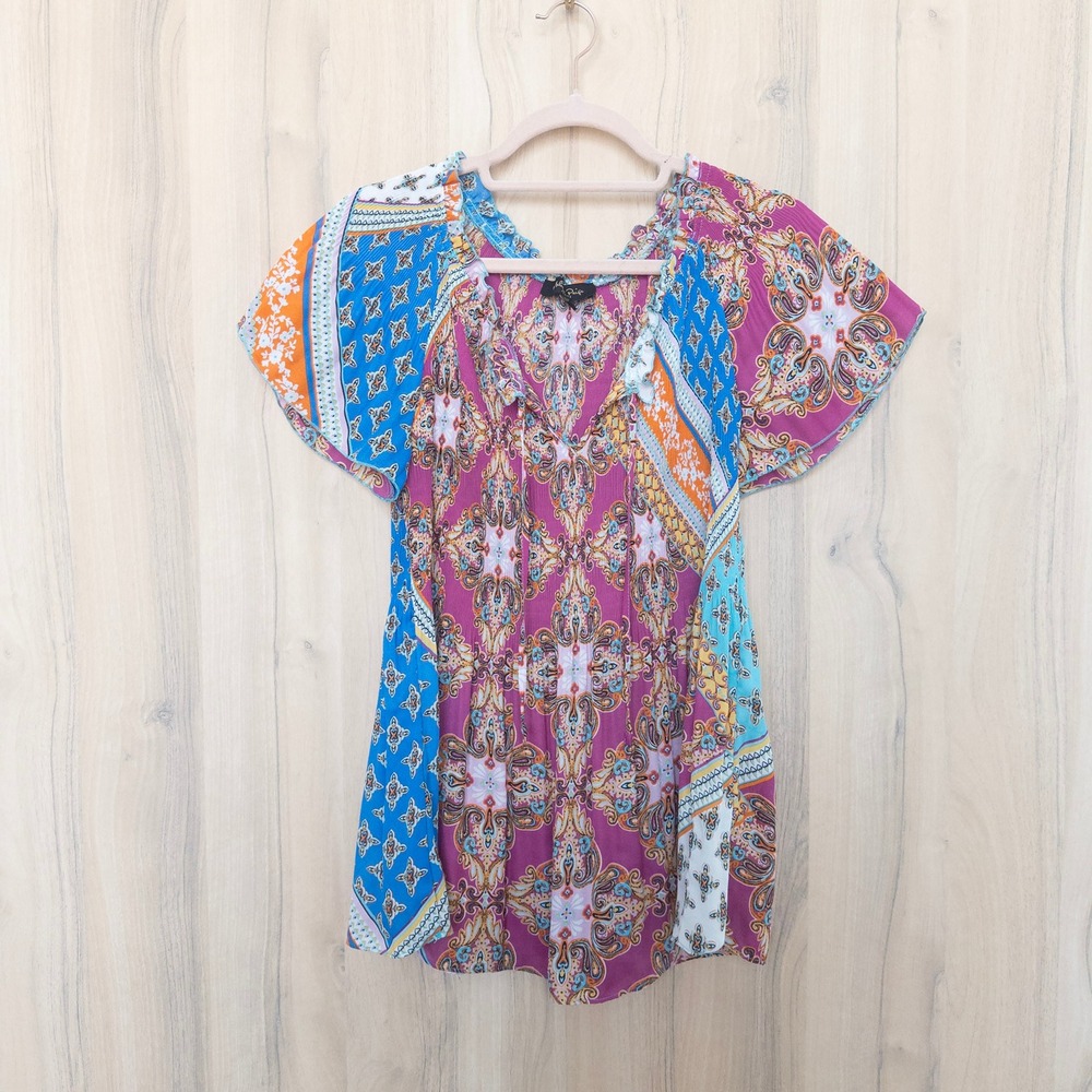 Melissa Paige Patchwork Blouse PM Multicolor Paisley Pleated Flutter Sleeve Boho